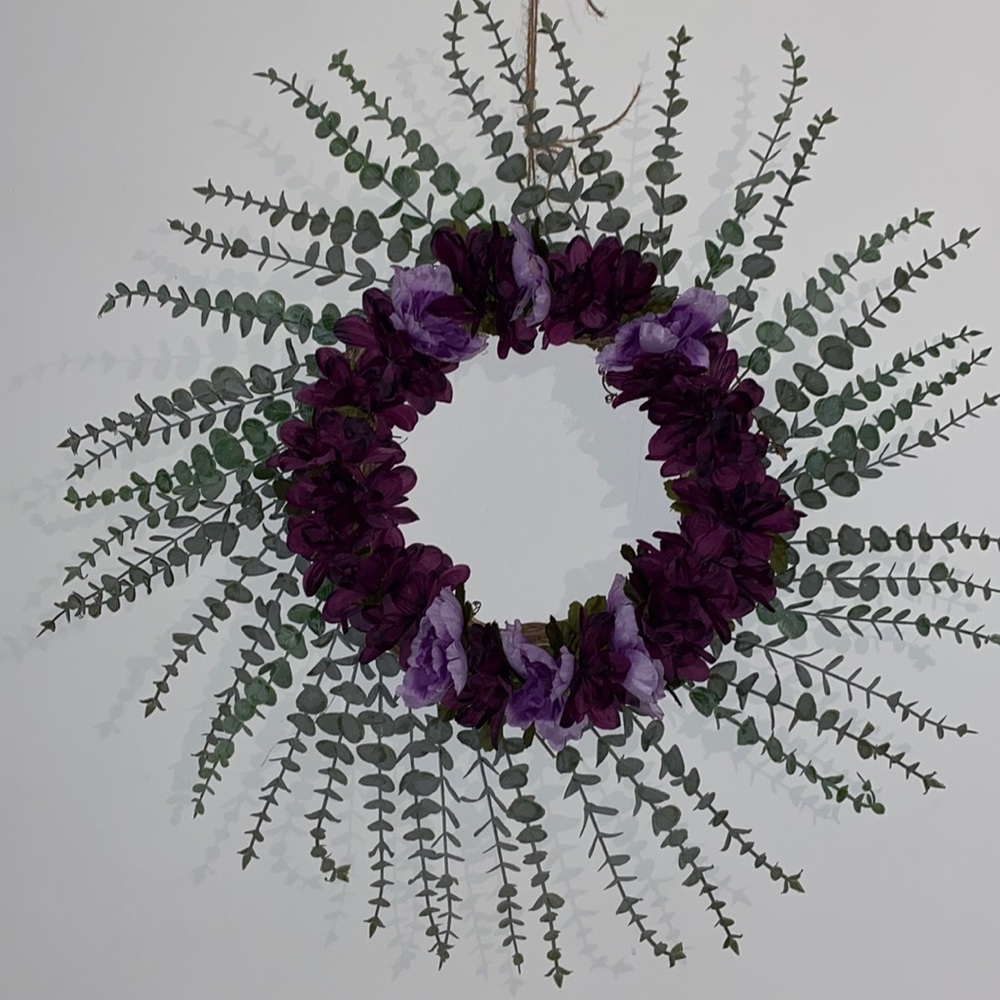 Faux eucalyptus and floral purple wreath 14 inch grapevine base with burlap back